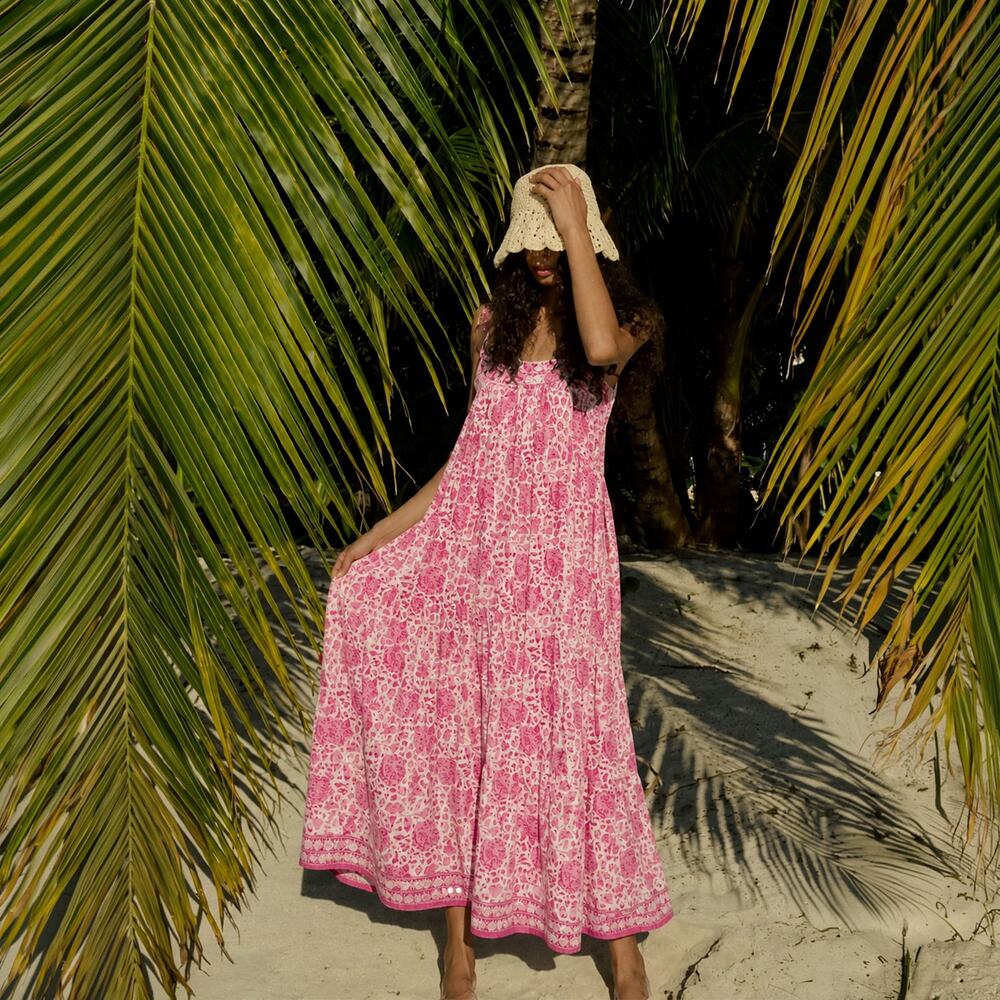 Natalie Martin Jasmine 100% Silk Maxi Dress Pink Geranium Print XS Boho